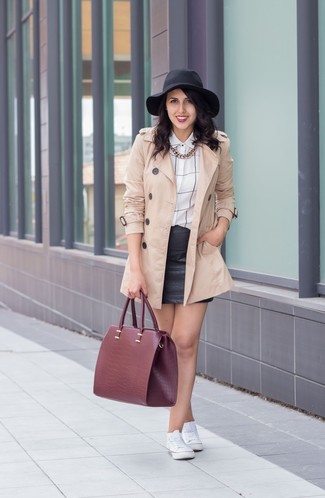 Women's Beige Trenchcoat, White and Black Check Dress Shirt, Black Leather Mini Skirt, White Low Top Sneakers