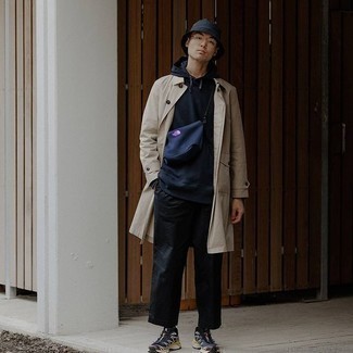 Navy Bucket Hat Outfits For Men: For a relaxed outfit, Reach for a tan trenchcoat and a navy bucket hat. For something more on the casual side to complement this outfit, add a pair of charcoal athletic shoes to the equation.