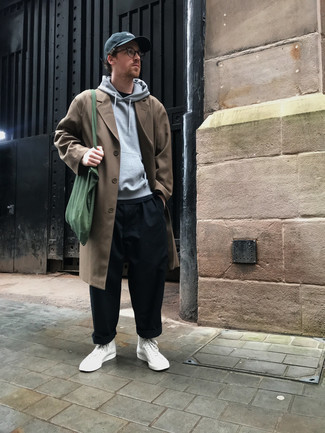 White High Top Sneakers Outfits For Men: You'll be surprised at how easy it is for any gentleman to throw together this effortlessly classic ensemble. Just a brown trenchcoat paired with black chinos. Infuse a fun vibe into your look by rocking white high top sneakers.