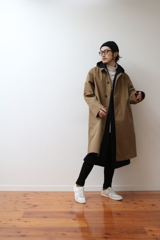 Hooded Trench Coat With Shower Resistance In Stone