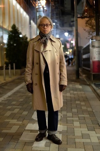 Men's Tan Trenchcoat, Navy Jeans, Dark Brown Leather Derby Shoes, Grey Scarf
