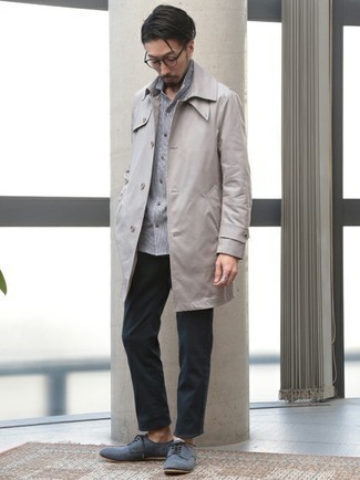 Men's Grey Trenchcoat, White and Navy Check Long Sleeve Shirt, Navy Chinos, Blue Canvas Derby Shoes