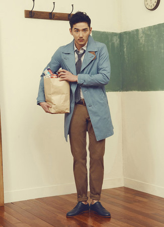 Men's Light Blue Trenchcoat, White Long Sleeve Shirt, Brown Chinos, Navy Leather Derby Shoes