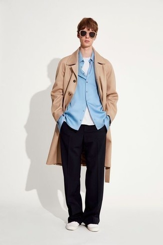 Tan Coat Outfits For Men: For an effortlessly smart ensemble, consider wearing a tan coat and black chinos — these items play nicely together. Not sure how to finish off your getup? Rock white canvas low top sneakers to rev up the wow factor.