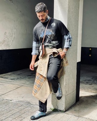 Black Chinos Casual Outfits: A beige trenchcoat looks so effortlessly neat when worn with black chinos. Complete your outfit with light blue check canvas low top sneakers to make a sober getup feel suddenly fresh.