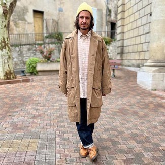 Men's Tan Trenchcoat, Pink Gingham Long Sleeve Shirt, Navy Jeans, Tobacco Leather Desert Boots