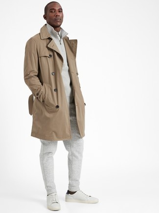 Men's Tan Trenchcoat, White and Black Plaid Long Sleeve Shirt, Grey Track Suit, White and Navy Leather Low Top Sneakers