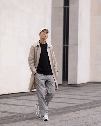 White Baseball Cap Outfits For Men: If the setting permits casual city style, you can easily dress in a beige trenchcoat and a white baseball cap. Change up your getup with more relaxed shoes, such as these grey athletic shoes.
