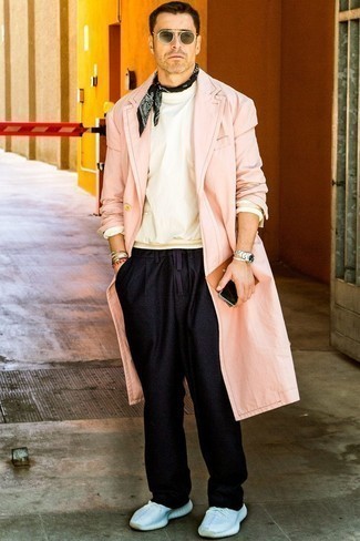 Black Bandana Outfits For Men: For something more on the relaxed side, go for a pink trenchcoat and a black bandana. Finishing off with white athletic shoes is an easy way to infuse a more relaxed twist into this look.