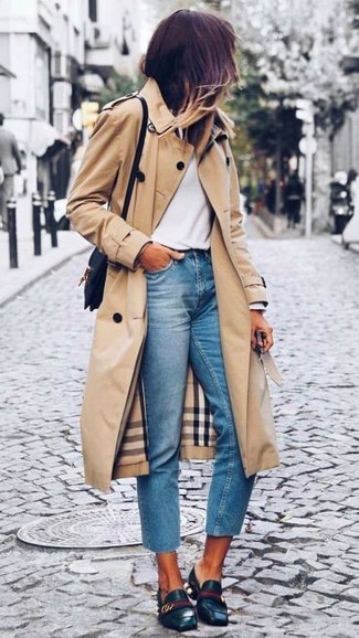 Women's Tan Trenchcoat, White Long Sleeve T-shirt, Light Blue Jeans, Black Leather Loafers