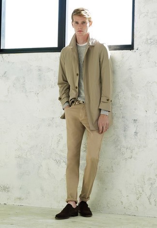 Dark Brown Suede Double Monks Outfits: Teaming a tan trenchcoat with khaki jeans is a savvy idea for an effortlessly classy ensemble. Complement this outfit with a pair of dark brown suede double monks for a hint of refinement.
