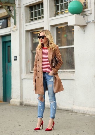 Women's Tan Trenchcoat, Red Horizontal Striped Long Sleeve T-shirt, Light Blue Ripped Skinny Jeans, Red Suede Pumps
