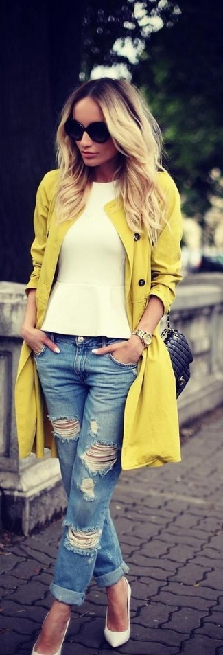 Women's Mustard Trenchcoat, White Peplum Top, Blue Ripped Boyfriend Jeans, White Leather Pumps