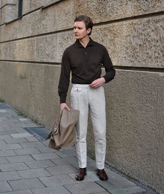 Brown Polo Neck Sweater Outfits For Men: Pair a brown polo neck sweater with white dress pants to look great and stylish. Introduce dark brown leather loafers to the mix to keep the getup fresh.