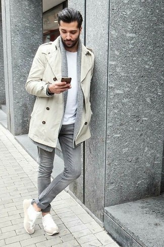 Charcoal Shawl Cardigan Outfits For Men: This relaxed casual pairing of a charcoal shawl cardigan and grey skinny jeans is super easy to throw together in seconds time, helping you look stylish and prepared for anything without spending too much time going through your closet. Introduce an easy-going vibe to by rocking beige athletic shoes.