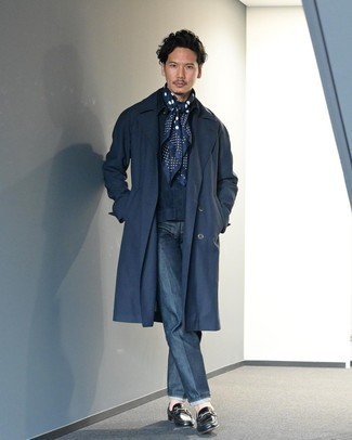 Trenchcoat Outfits For Men: This combo of a trenchcoat and navy jeans speaks manly elegance and effortless style. Want to dress it up when it comes to shoes? Introduce black leather loafers to the equation.