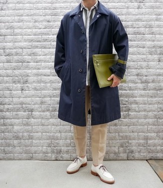 Men's Navy Trenchcoat, White and Green Vertical Striped Short Sleeve Shirt, Beige Dress Pants, White Suede Derby Shoes