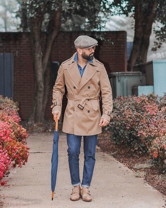 Men's Tan Trenchcoat, Blue Chambray Short Sleeve Shirt, Navy Jeans, Tan Suede Double Monks