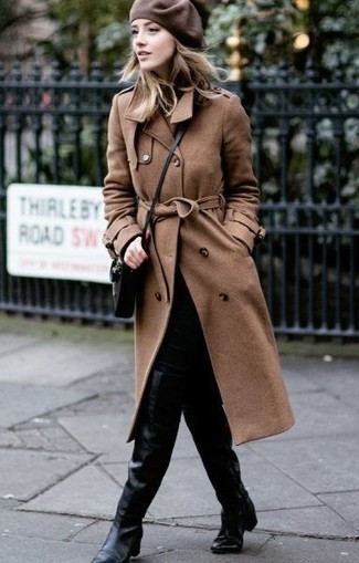 500+ Dressy Outfits For Women: A brown trenchcoat and black skinny jeans are worth being on your list of essential casual styles. Add black leather over the knee boots to the equation et voila, your getup is complete.
