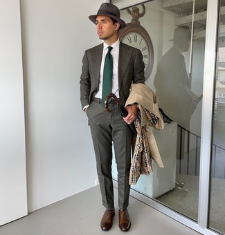 Dark Brown Leather Oxford Shoes Outfits: A tan trenchcoat and a dark green suit are among the basic elements of any smart menswear collection. The whole outfit comes together when you slip into dark brown leather oxford shoes.