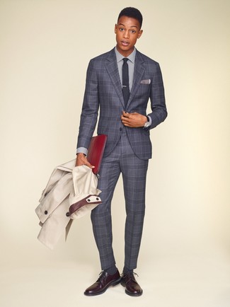 Burgundy Leather Derby Shoes Outfits: This classy combo of a beige trenchcoat and a grey plaid suit is a favored choice among the dapper chaps. Complement your ensemble with a pair of burgundy leather derby shoes and the whole look will come together brilliantly.