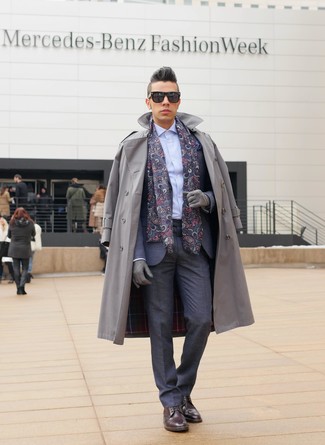 Men's Grey Trenchcoat, Charcoal Suit, Light Blue Dress Shirt, Burgundy Leather Casual Boots