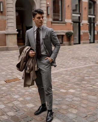 Dark Brown Pocket Square Outfits: A brown trenchcoat and a dark brown pocket square are amazing menswear must-haves that will integrate brilliantly within your daily off-duty repertoire. Rev up your outfit by slipping into black leather double monks.