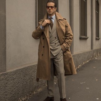 Tan Trenchcoat Outfits For Men: Tap into polished style with a tan trenchcoat and a tan check suit. We're totally digging how this whole look comes together thanks to dark brown suede loafers.