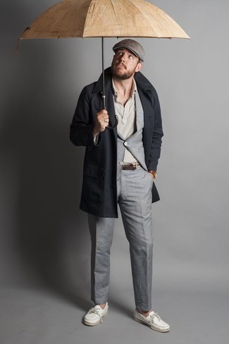 Men's Navy Trenchcoat, Grey Suit, Grey Vertical Striped Polo, White Leather Boat Shoes