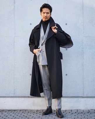Charcoal Canvas Tote Bag Outfits For Men: Extremely dapper and functional, this pairing of a black trenchcoat and a charcoal canvas tote bag will provide you with variety. Black leather chelsea boots are the most effective way to punch up this outfit.