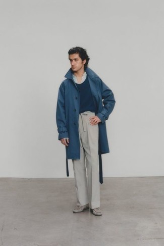 Grey Chinos Outfits: A navy trenchcoat and grey chinos married together are a good match. If you wish to immediately ramp up your outfit with one piece, complement this look with grey suede loafers.