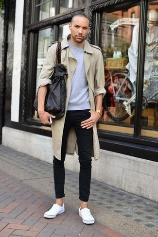 Tan Trenchcoat Outfits For Men: Such items as a tan trenchcoat and black jeans are an easy way to introduce extra sophistication into your current fashion mix. Dial down your look by slipping into a pair of white canvas low top sneakers.