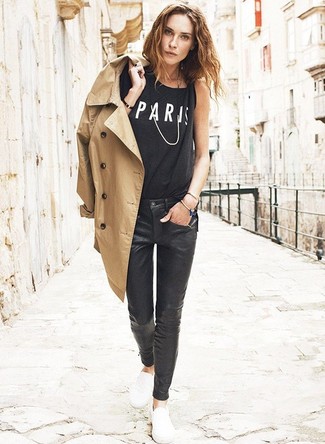 Tan Trenchcoat Outfits For Women: For a smart casual outfit, make a tan trenchcoat and black leather skinny pants your outfit choice — these pieces play beautifully together. Finishing off with white slip-on sneakers is a surefire way to inject a mellow feel into your look.