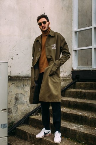 Men's Olive Trenchcoat, Brown Turtleneck, Black Chinos, White and Black Leather Low Top Sneakers
