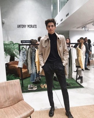 Tan Trenchcoat Outfits For Men: This pairing of a tan trenchcoat and black chinos is a surefire option when you need to look effortlessly classic but have zero time. On the fence about how to complement this getup? Round off with black leather derby shoes to smarten it up.