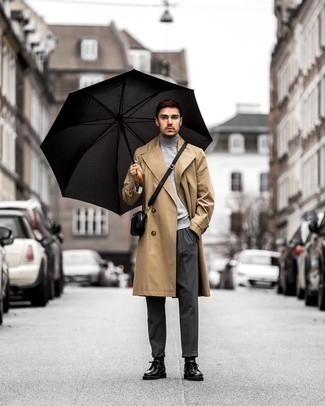 Charcoal Chinos Outfits: A tan trenchcoat and charcoal chinos combined together are a perfect match. A pair of black leather derby shoes easily ramps up the style factor of your outfit.