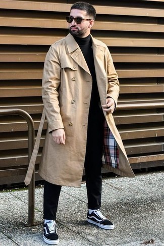 Beige Trenchcoat Outfits For Men: A beige trenchcoat and black chinos will add extra style to your daily collection. For a more casual vibe, add a pair of black and white canvas low top sneakers to the equation.