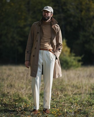 Beige Turtleneck Outfits For Men: This is definitive proof that a beige turtleneck and white dress pants are awesome when teamed together in a refined outfit for today's man. Brown suede loafers look wonderful completing your look.