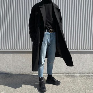 Black Embellished Leather Belt Outfits For Men: Fashionable and practical, this combination of a black trenchcoat and a black embellished leather belt provides with wonderful styling possibilities. A pair of black athletic shoes immediately dials up the wow factor of this outfit.