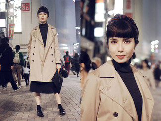 Women's Tan Trenchcoat, Charcoal Turtleneck, Charcoal Pleated Midi Skirt, Black Leather Double Monks