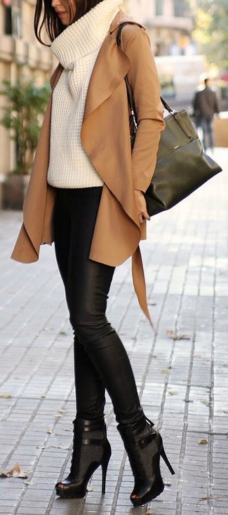 Women's Tan Suede Trenchcoat, White Knit Turtleneck, Black Leather Skinny Pants, Black Cutout Leather Lace-up Ankle Boots