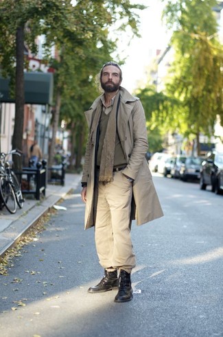 Tan Scarf Outfits For Men: A beige trenchcoat and a tan scarf are a cool getup worth incorporating into your daily styling repertoire. Add black leather casual boots to the mix to jazz things up.