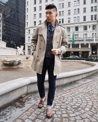Beige Trenchcoat with Brown Leather Loafers Outfits For Men: This combo of a beige trenchcoat and navy jeans is a winning option when you need to look effortlessly neat in a flash. A pair of brown leather loafers instantly revs up the style factor of any look.