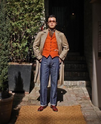 Multi colored Silk Scarf Outfits For Men: A tan trenchcoat and a multi colored silk scarf make for the perfect base for a countless number of dapper combos. Finishing off with burgundy leather derby shoes is a guaranteed way to bring an added dose of style to your look.