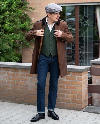 Dark Green Waistcoat Outfits: Putting together a dark green waistcoat and navy jeans is a guaranteed way to breathe rugged refinement into your day-to-day arsenal. For something more on the elegant end to complete this look, complement your look with black leather tassel loafers.