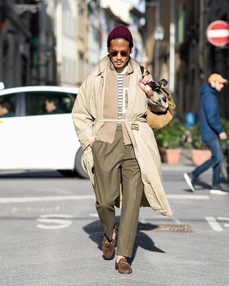Tan Trenchcoat Outfits For Men: Swing into something classy and timeless in a tan trenchcoat and olive dress pants. If you want to instantly dress down this ensemble with one single piece, introduce a pair of brown suede loafers to the mix.