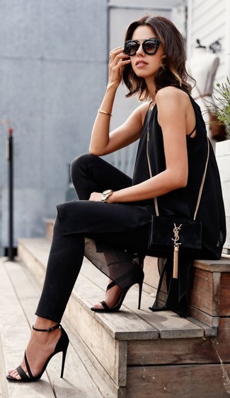 Black Suede Lace Up Ghille Heel Sandals