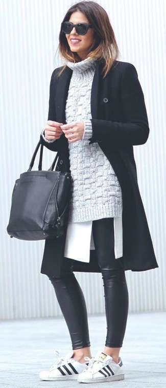 Women's Black Leather Leggings, White Tunic, Grey Knit Turtleneck, Black Coat
