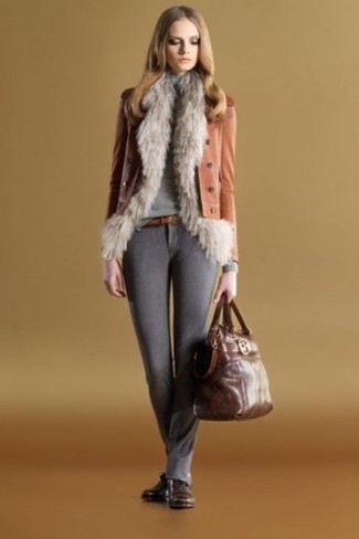 Women's Charcoal Wool Skinny Pants, Grey Turtleneck, Tobacco Leather Biker Jacket, Grey Fur Vest