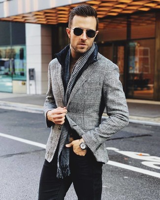 Black Gilet with Grey Plaid Wool Blazer Outfits For Men: 